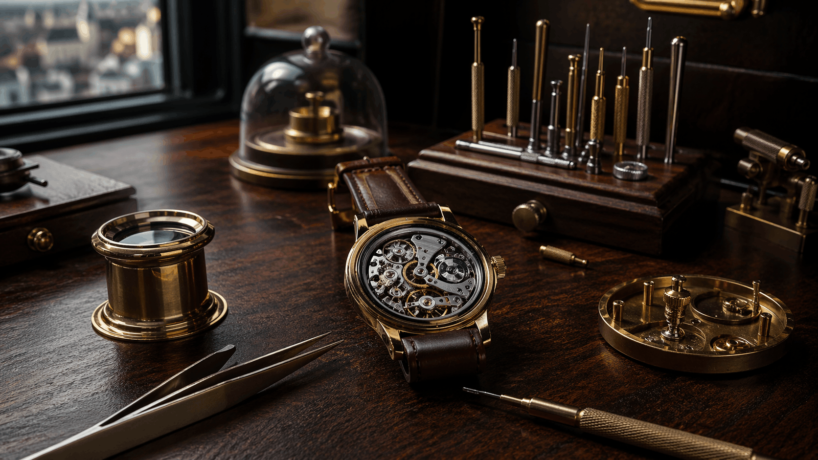 Верстак часовщика с механическими часами и инструментами