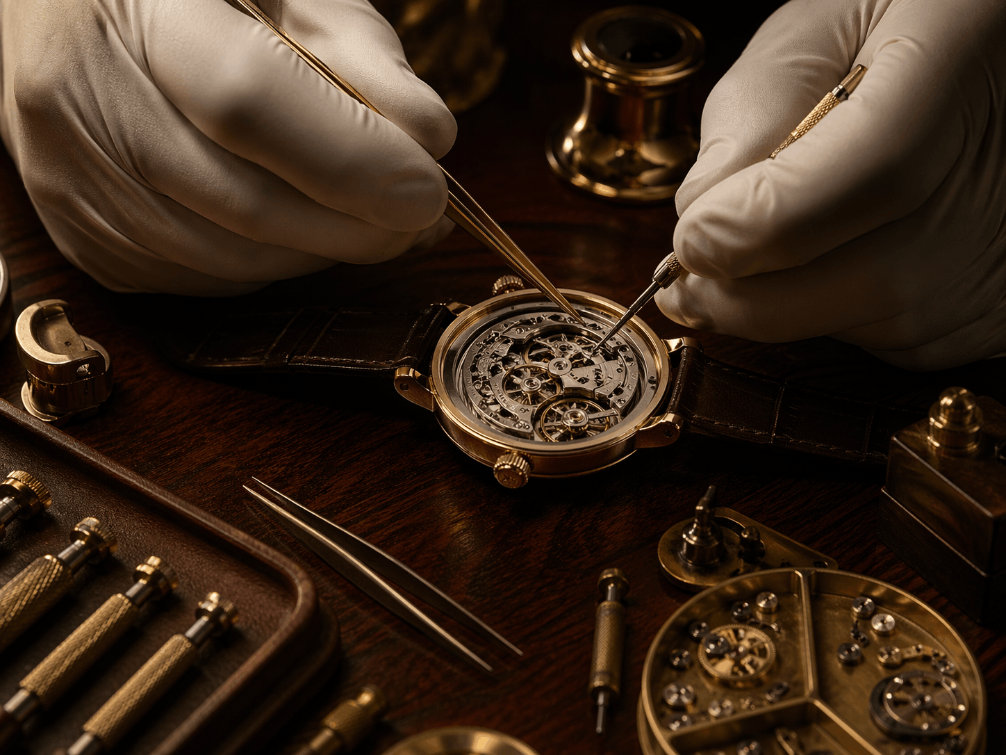 Часовой мастер устанавливает деталь механизма пинцетом