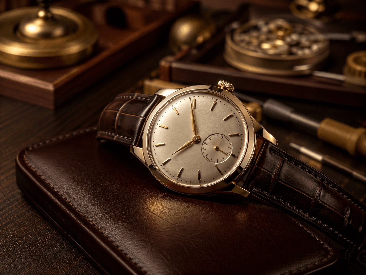 Премиальные часы после обслуживания на темной поверхности